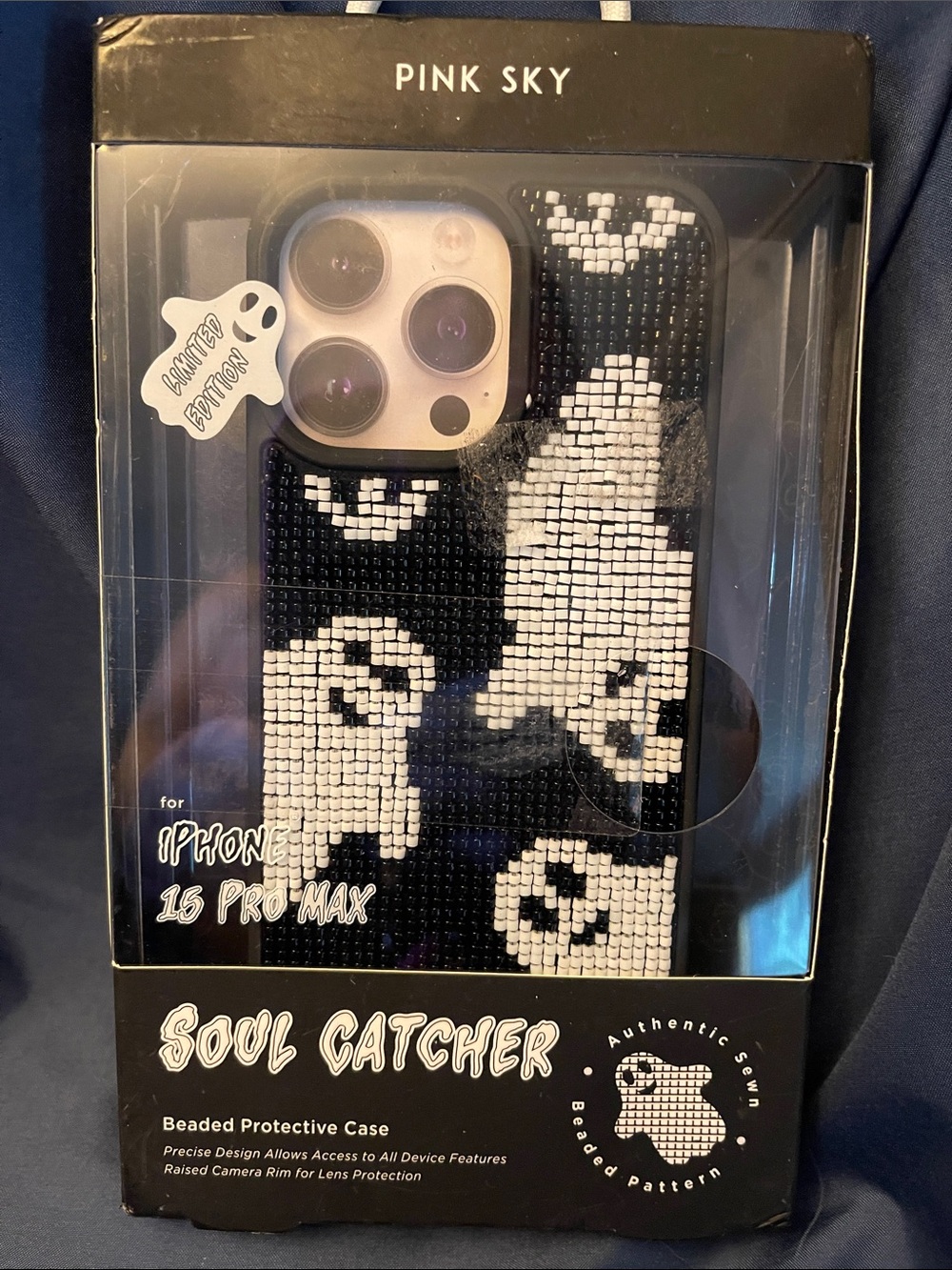 Pink Sky Soul Catcher Beaded Phone Case for iPhone 15 Pro Max - Black & White